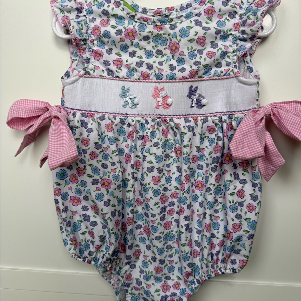 Classic whimsy smocked 18m Floral Baby bubble  with Pink Bows and bunnies